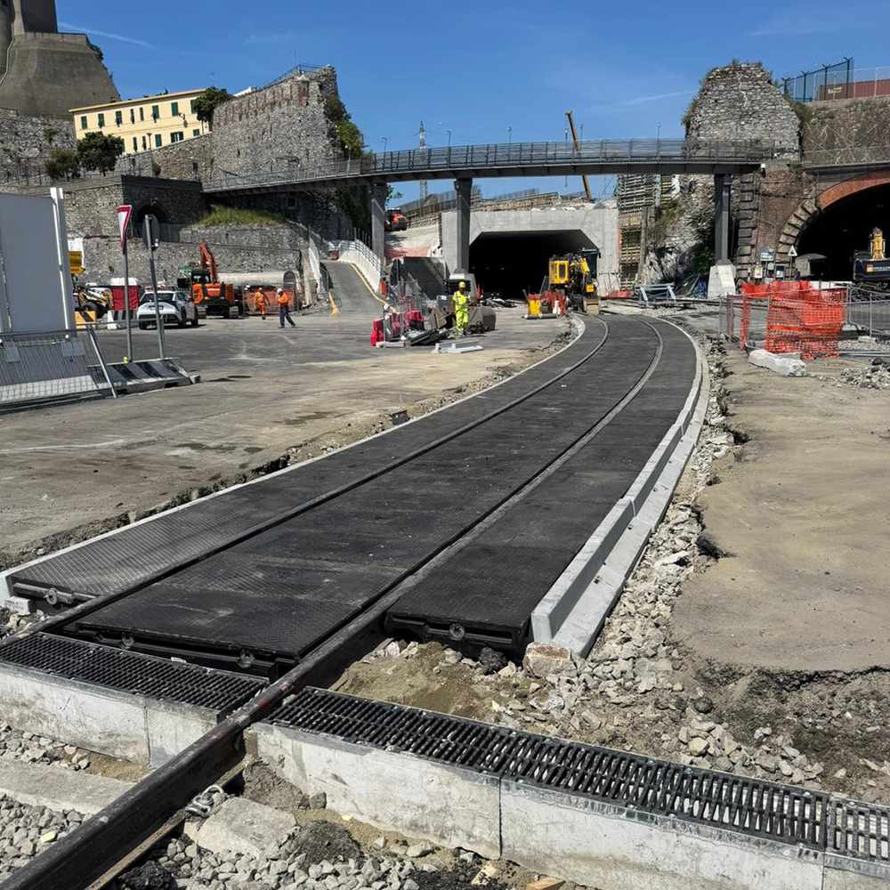 A Binario Trincerone strail vasúti átjáró a kikötői területen